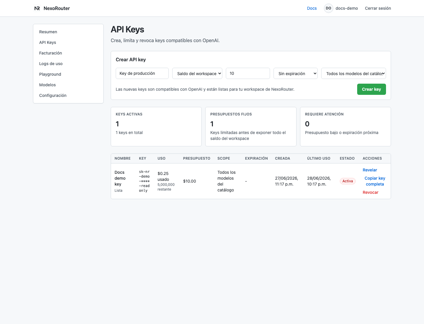 Dashboard API Keys de NexoRouter con datos demo