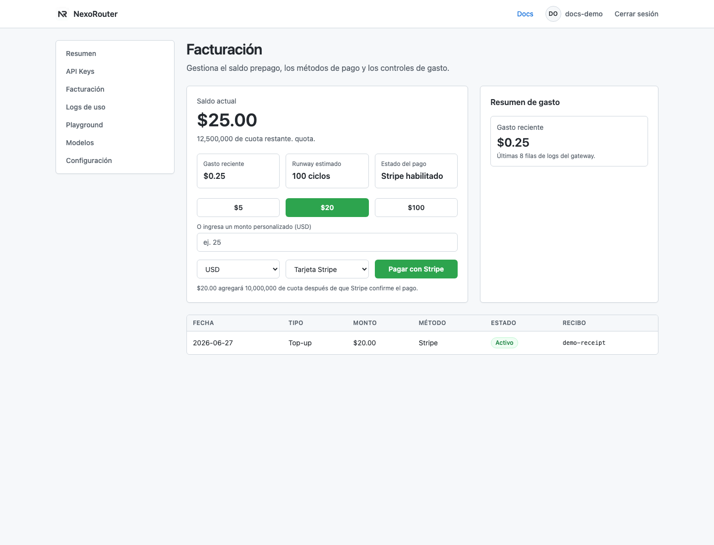 Dashboard Billing de NexoRouter con datos demo