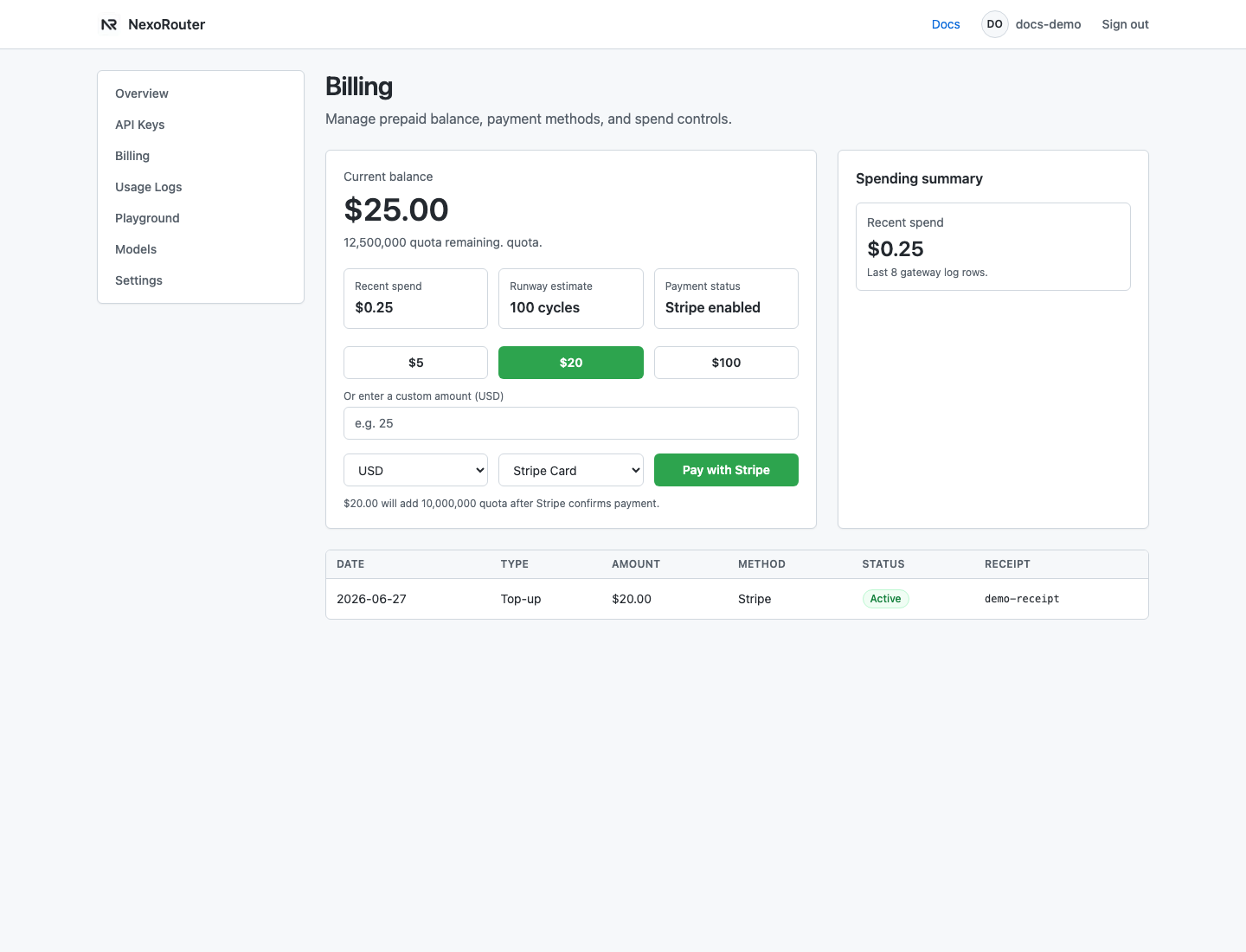 NexoRouter Billing dashboard with demo data