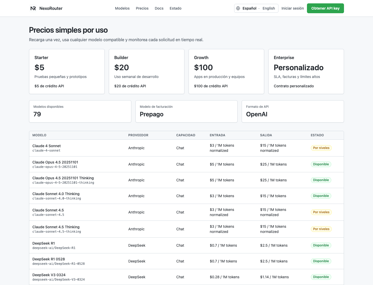 Página de precios de NexoRouter