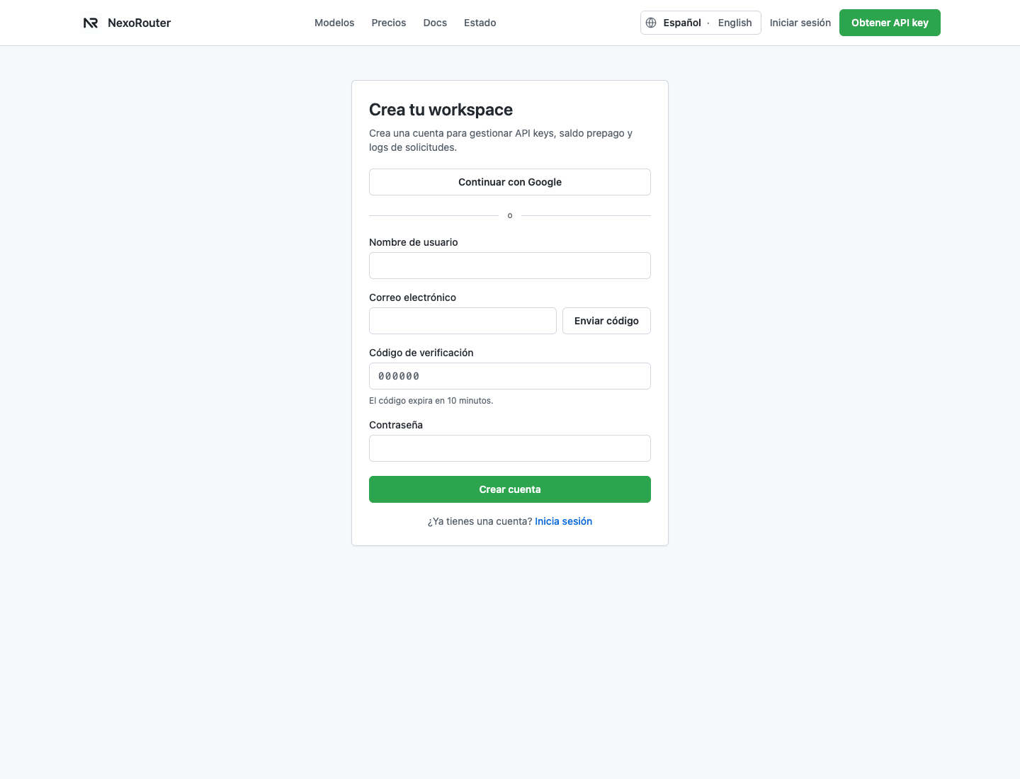 Página de registro de NexoRouter
