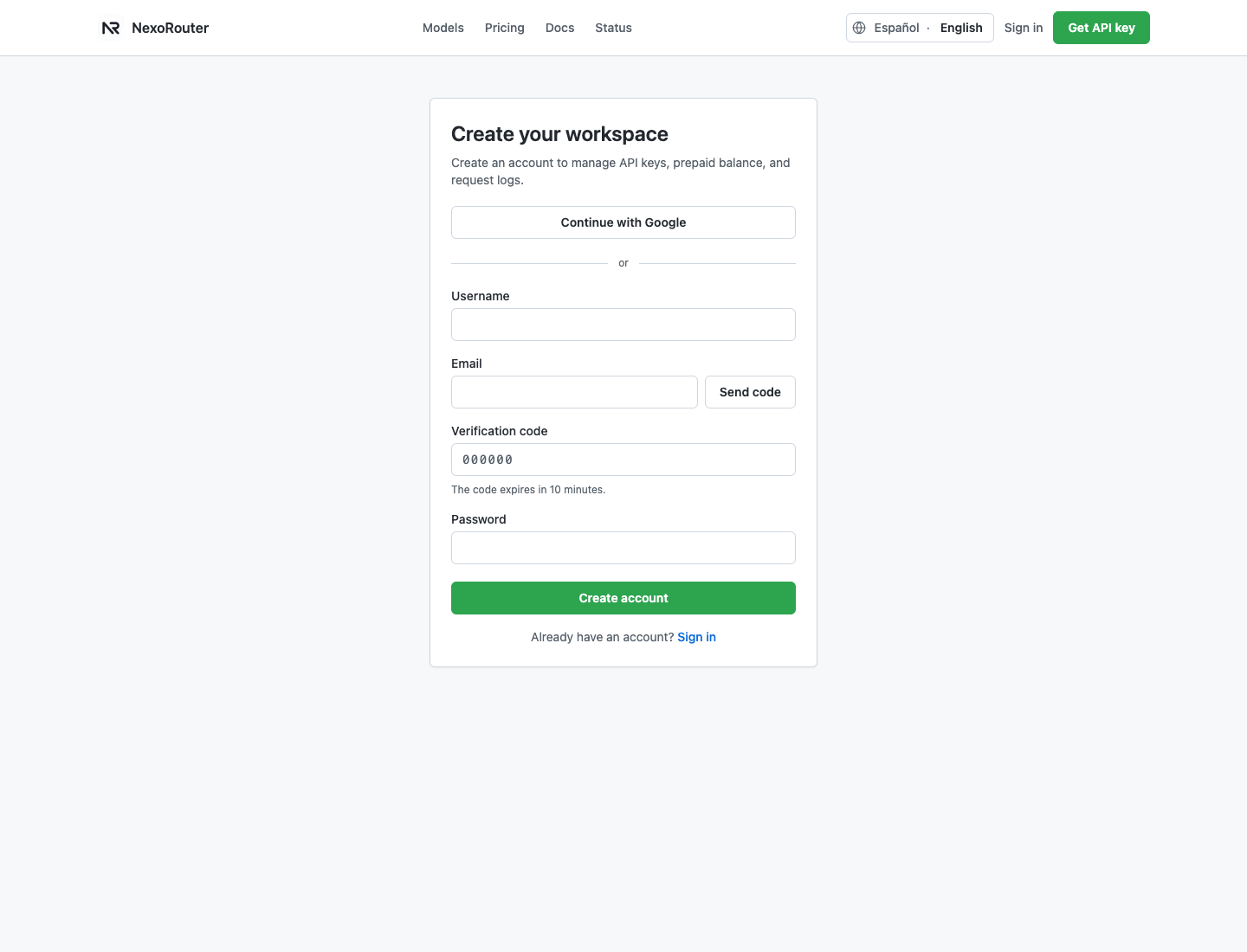 NexoRouter sign-up page