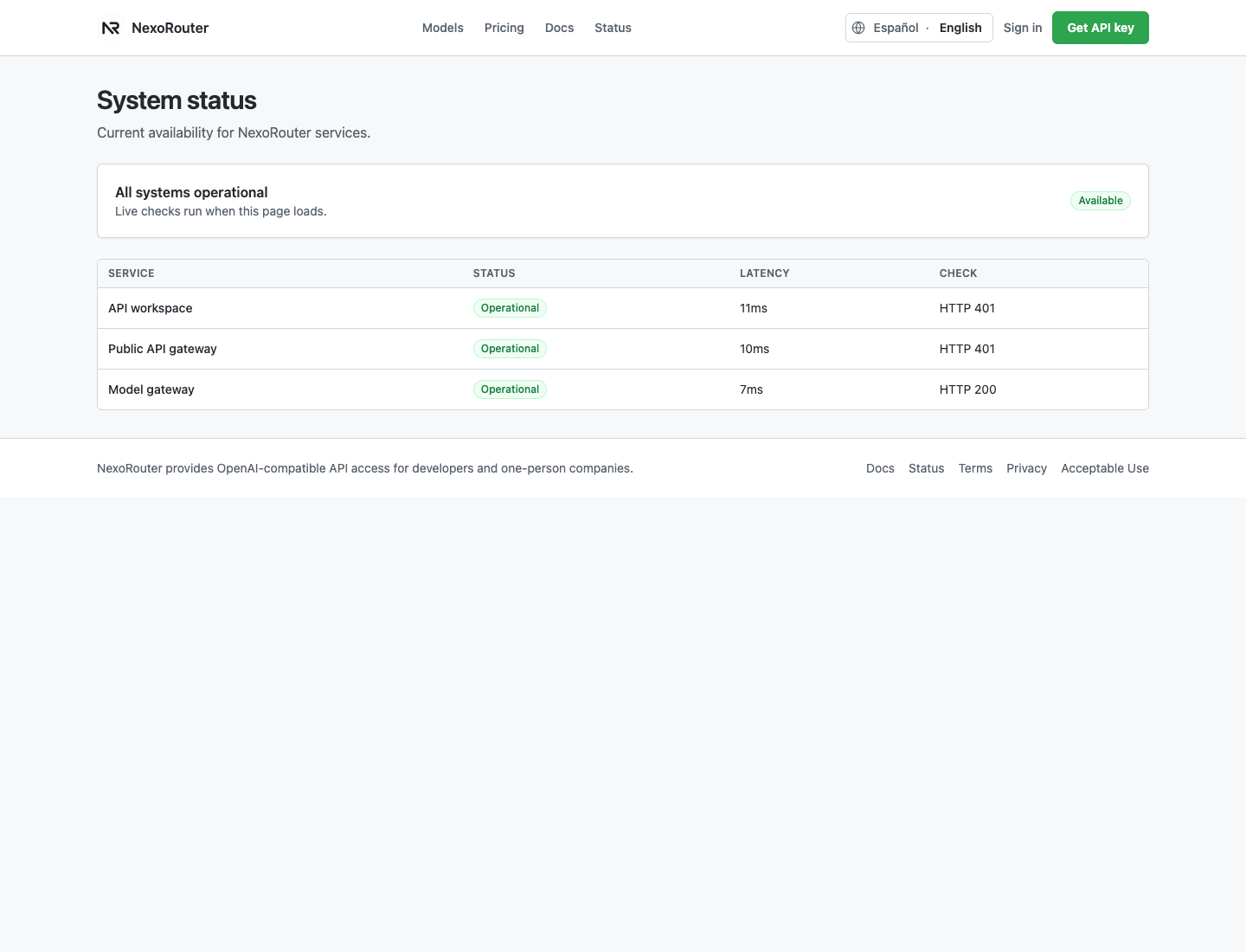 NexoRouter status page